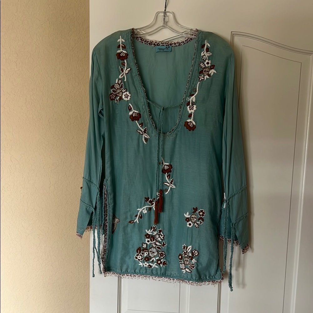 Embroidered Handmade Teal cotton swim cover up/tunic❤️